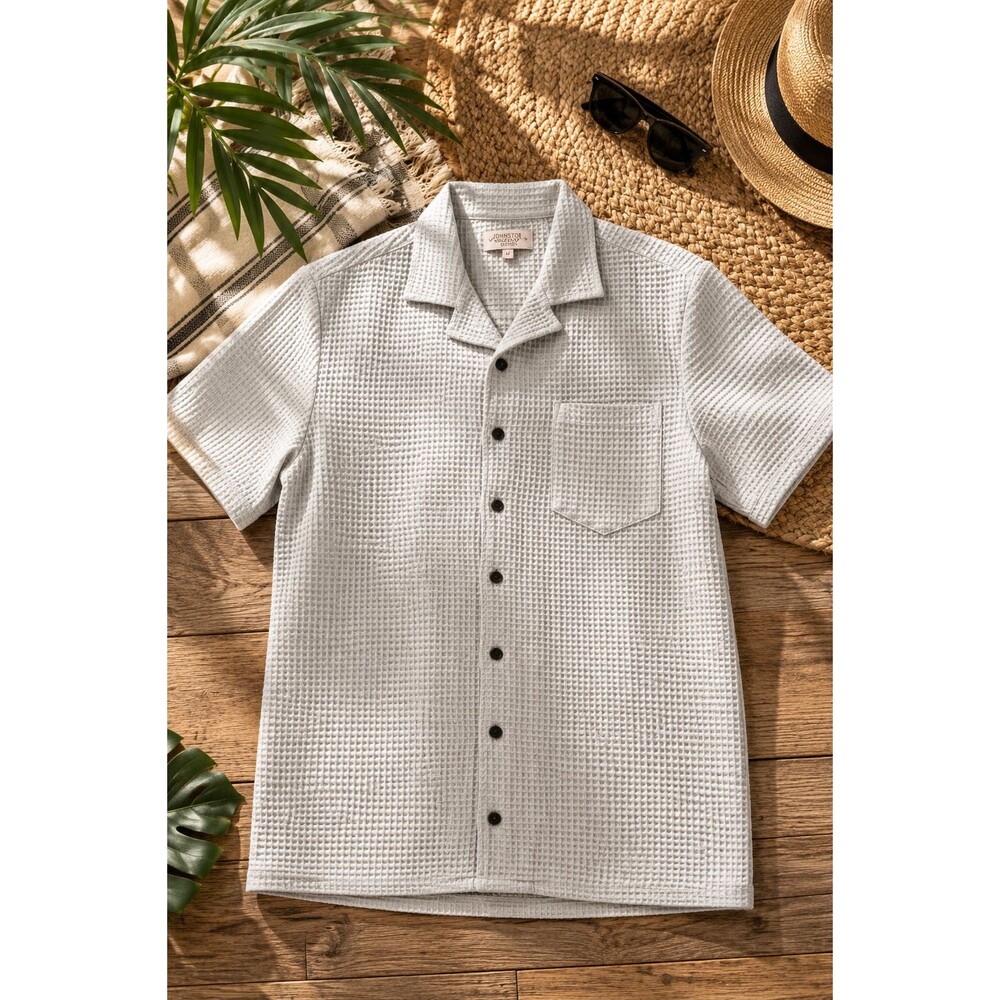 Negative Space Men's Small Waffle Knit Button Up Shirt Short Sleeve Textured
